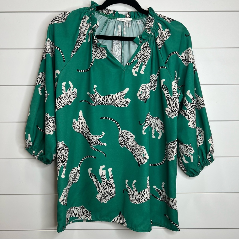 Carole Christian Vibrant‎ Green Blouse with White Tiger Print. Size Small.